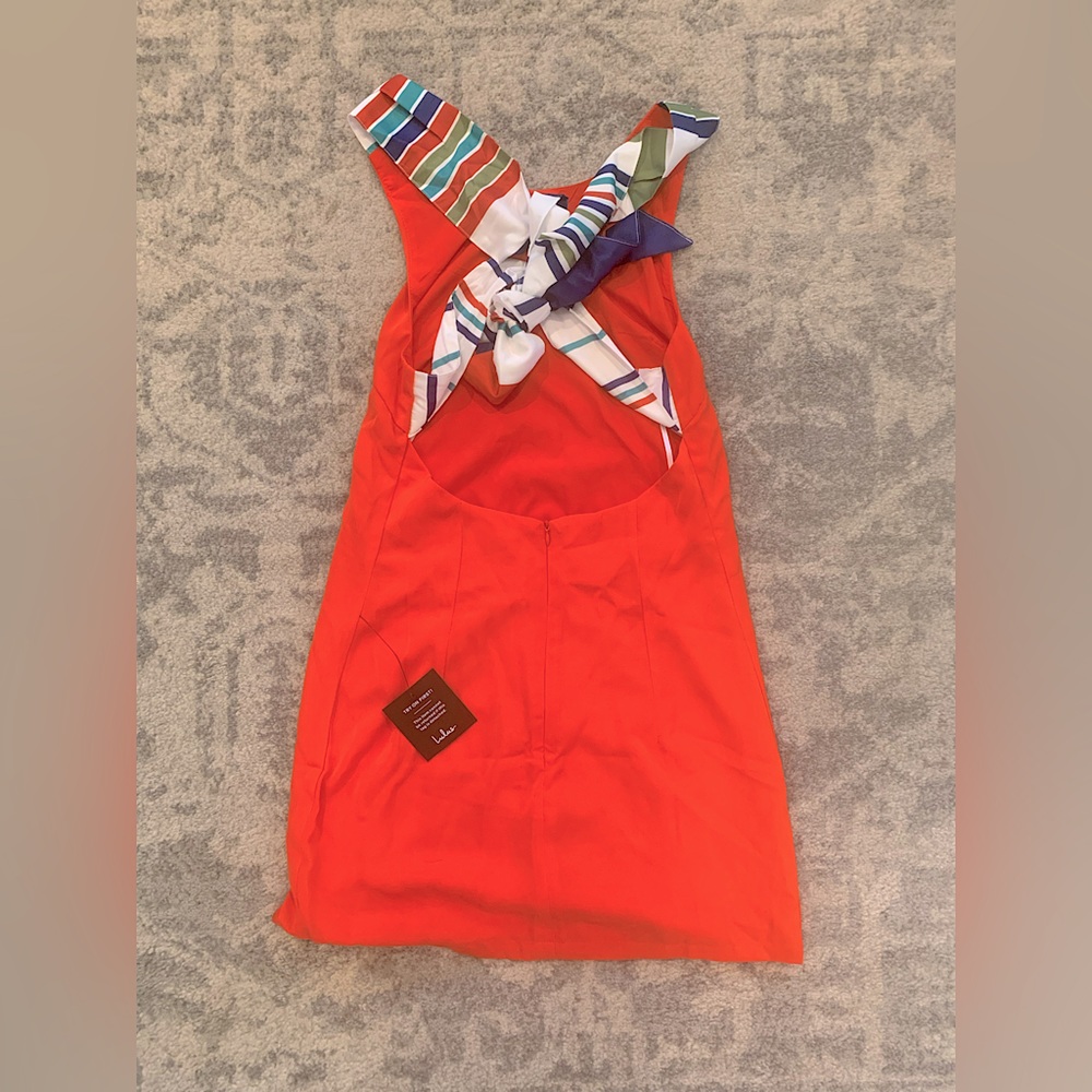 Lulu’s Joyful Red Orange Multi Stripe Tie Back Mini Dress, S